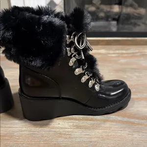 INC Hannia Patent Faux Fur Lace-Up Wedge Booties‎ Black Size 5.5 NIB thumbnail 5