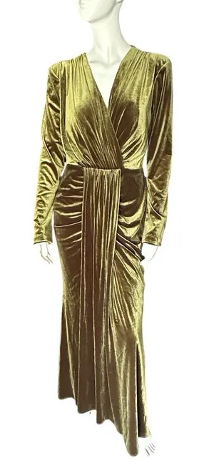 Inewer Stretch Velvet Long Sleeve Draped Formal Dress Olive Green SIZE 12 NWT thumbnail 1
