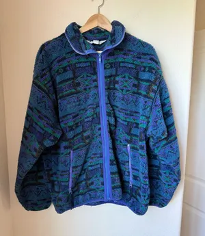 Vintage 90s Columbia Fleece Jacket Women’s XL Teal Purple Geometric Full Zip thumbnail 1