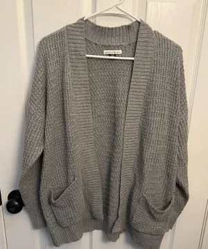 American Eagle Gray Waffle Knit Open Front Cardigan thumbnail 1