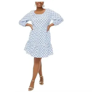 J Crew 0 Scoopneck Tiered Cotton Poplin Mini Dress Blue Pattern Block Print thumbnail 2