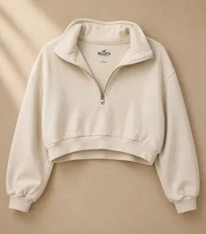 Hollister Women Sweatshirt L Cream Cropped Quarter-Zip Fleece Pullover thumbnail 1