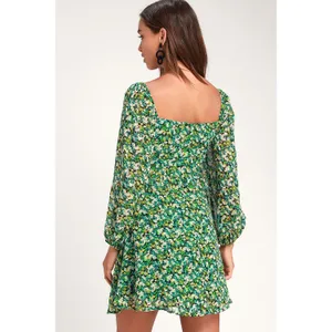 Lulus Forsythia Green Floral‎ Print Long Sleeve Tie-Front Women's Dress Large thumbnail 4