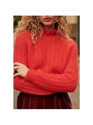 SEZANE Bright Red Mohair Merino Wool Knit Ruffle High Neck Sweater Loris Jumper thumbnail 4