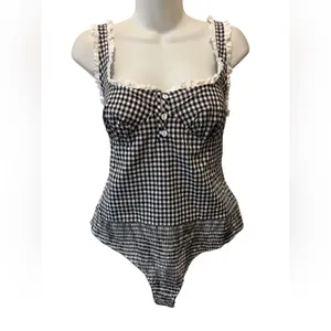 Intimately Free People Cassie Gingham Ruffle Bodysuit L Black White Milkmaid thumbnail 4