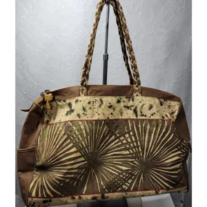 Paul Breut Travel Weekender Duffle Bag Large Brown Canvas Sequin Palm Tree Print thumbnail 11