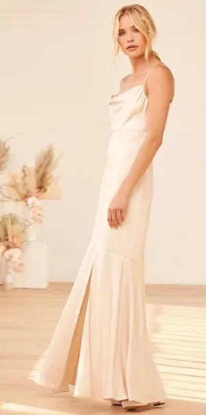 Lulus Moment in the Spotlight Champagne Satin Cowl Neck Maxi Dress Bridesmaid M thumbnail 1