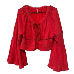 Free People Boho Bell-Sleeve Peasant Top Blouse Red Lace Inset Tie Neck – Size M thumbnail 1