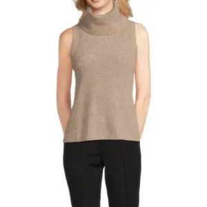 Saks Fifth Avenue Cashmere Sleeveless Ribbed Turtleneck Sweater Beige Oatmeal L thumbnail 8