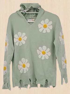 Hazel Moon Daisy Distressed Cropped Hoodie Sweater 3X Mint Green thumbnail 1