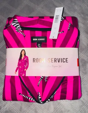 Room service shawl collar pajama set pink stripes with zebra size M thumbnail 1