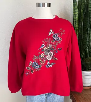 Vintage Red Floral Bird‎ Sweatshirt Cozy Fall Grandma Core Pullover XL thumbnail 1