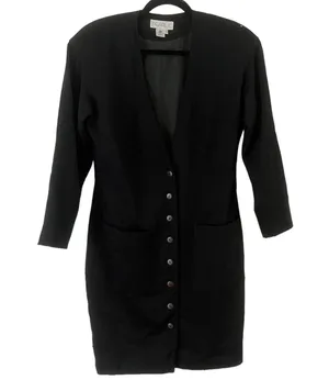 Pearl C Black 100% Pure Wool Long V Neck Button Front Vintage Blazer Jacket Sz 8 thumbnail 1