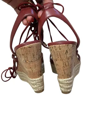 White House Black Market Red Leather Tie -Up Espadrille Cork Wedge Sandals thumbnail 5