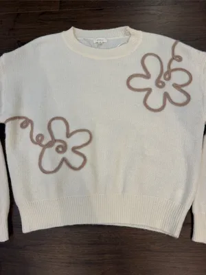 debut Cream Crewneck Sweater with Taupe Floral Outline Size Small - P99 thumbnail 2