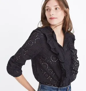 Madewell Black Eyelet Ruffle Front Button Down Shirt Size S‎ thumbnail 1