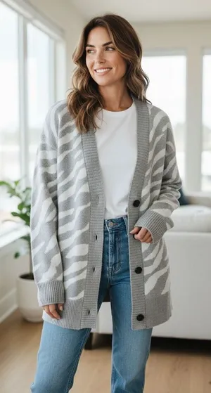 Everlane Alpaca Zebra Print Heathered Grey Cardigan Size L Sweater Button Front thumbnail 1