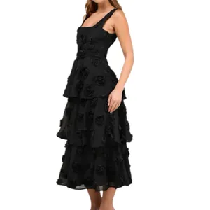 NWOT Lulus Exceptional Entrance Black Sleeveless Tiered Rosette Midi Dress Small thumbnail 2