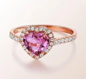14K Rose Gold Plated Adjustable Pink Gemstone Crystal Love Heart Ring for Women thumbnail 1