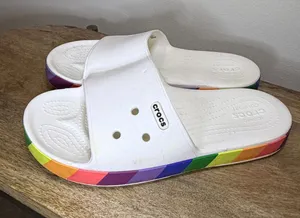 Crocs Classic Slide White Rainbow Stripe Pride Sandals Size 8 thumbnail 1