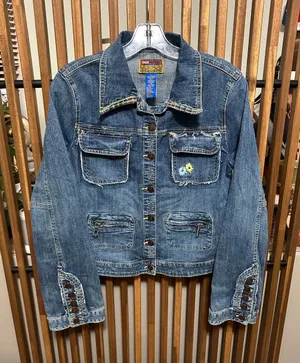 Blue Asphalt Vintage Denim Jacket Large Embroidered Flower Plaid Trim Y2K Cut thumbnail 1