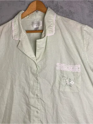 Light Green Embroidered Cotton Button-Up Top‎ Cottage Fairy Whimsy lace size M thumbnail 2