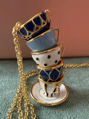 Kate Spade |♠️|Gold Plated Stacked Teacup Pendant Necklace | Blue thumbnail 1