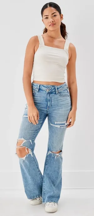 American Eagle Outfitters Light Blue Distressed Flare Jeans High Waisted thumbnail 1