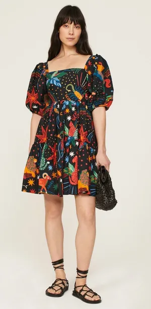Farm Rio Zodiac Print Black Puff Sleeve Square Neck Babydoll Mini Dress Size M thumbnail 1