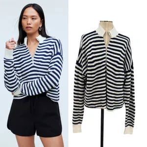 Madewell Ribbed Half-Zip Sweater in Stripe Ivory White Navy Blue‎ Size XXL thumbnail 2