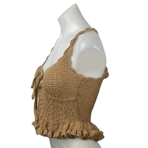 Majorelle Taissa Women's Brown Sleeveless Cami Ruffle Crochet Corset Crop Top S thumbnail 2