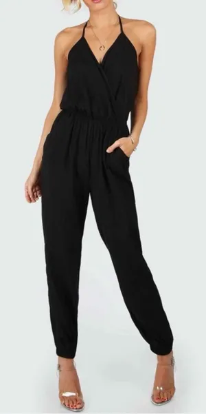 SHEIN Surplice Halter Top‎ Jogger Leg Jumpsuit Black Small thumbnail 1