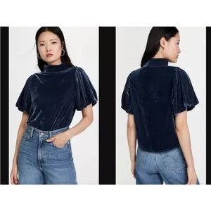 FREE PEOPLE‎ BLUE Claudia Velvet Mock Neck Women's short sleeve bohemian Top XS thumbnail 2