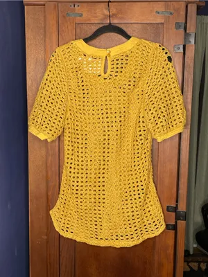 Anthropologie Angel of the North Metallic Crochet Knit Boho Sweater Top Yellow M thumbnail 3