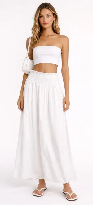 Stark X white cotton maxi skirt with ruched elastic waist. Made in USA. Medium. thumbnail 1
