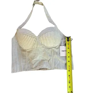 Revolve Superdown Rudy Halter Top Beige White Striped Womens Medium NEW With Tag thumbnail 7