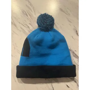 The North Face Pom Beanie Blue Black Logo Cuffed‎ Knit Winter Hat Adult One Size thumbnail 3