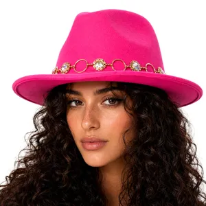 Cowgirl Cowboy Rhinestones Trim Rodeo Queen Fedora - Pink thumbnail 1