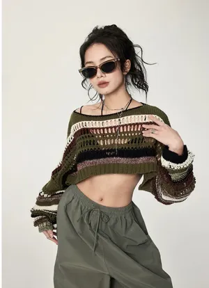 Cropped long sleeve sweater knitted green thumbnail 1