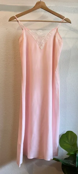 Vintage 1970s Handmade Pale Pink Lace Trim Silky Slip Lingerie Dress - XS thumbnail 1