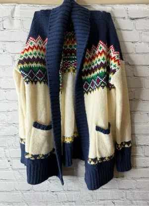 American Eagle Navy & Cream Fair Isle Shawl Collar Women’s Sweater Cardigan med thumbnail 1