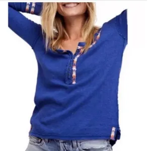 Free People "We the Free" Blue Rainbow Embroidered Henley Thermal Top size S thumbnail 5