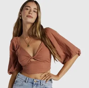 Billabong Womens Juniors' Cotton Del Sole Twist-Front Top crop top size M thumbnail 1