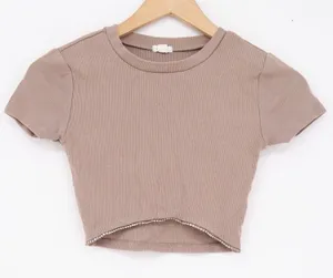 Garage Womens Ribbed Rhinestone Trim Curved Hem Crop Top Mauve Taupe XS thumbnail 1