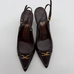 Salvatore Ferragamo Acribia Slingback Kitten Heels Chocolate Brown Gold 7.5 thumbnail 8