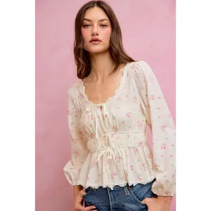 SO ME Floral Clip Dot Lace Trim Ruched Bodice Blouse - White - Medium thumbnail 15