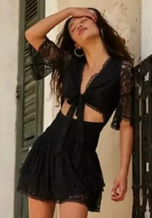 Free people Lala Lace Mini Dress. NWT. Black - small thumbnail 1