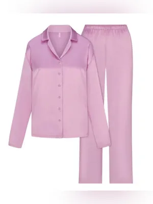 SKIMS Woven Shine Long Sleeve Sleep Set Pajamas Pink Rose Size M NWT thumbnail 2
