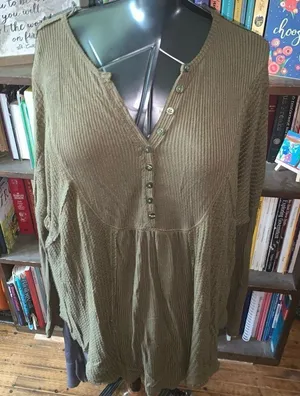 Free People olive green waffle oversized cozy M elevated basics top thumbnail 1