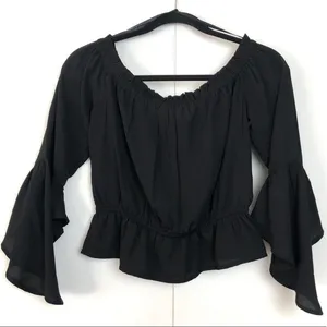 Express Off The Shoulder Flare Sleeve Top Black thumbnail 1